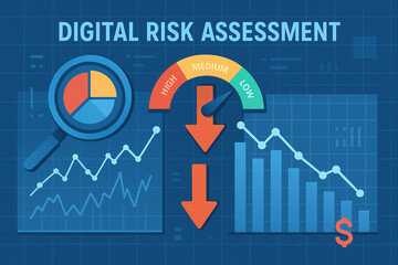 Visual representation of digital risk assessment metrics, featuring graphs, charts, and indicators showing varying risk levels. Ideal for finance and tech-related contexts.