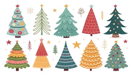 Obraz premium collection of Christmas trees in different colors on a white background. New Year's card. New Year's pattern of Christmas trees. New Year's tree icons.