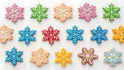 Collection of multicolored snowflakes on a white background.