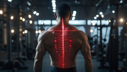 Muscular man with gym, spine, and red light.