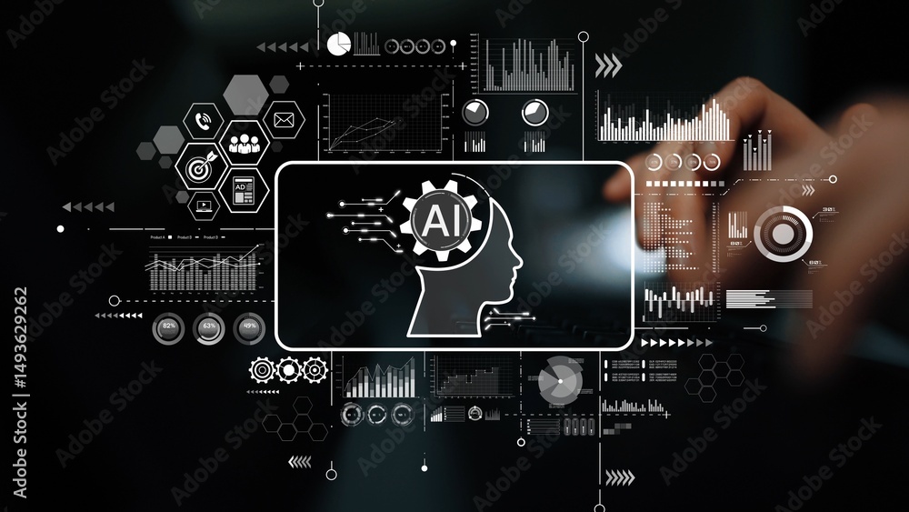 Poster abstract representation of artificial intelligence concept with digital interface and human head sil
