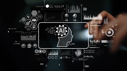 Abstract representation of artificial intelligence concept with digital interface and human head...