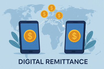A visual representation of digital remittance, illustrating the transfer of money between two smartphones with a world map backdrop. A modern concept of financial transactions.