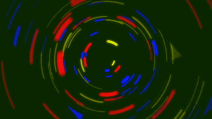Colorful polygon shapes in swirling design, rainbow circle tunnel.