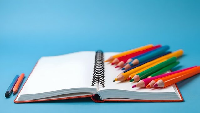 Colorful Pencils and Sketchbook: A vibrant collection of colored pencils rests on an open sketchbook, ready for creative expression. The scene is set against a calming blue background.