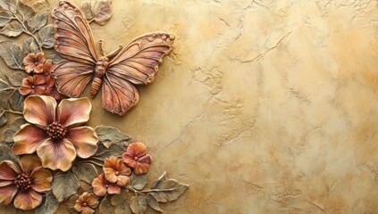 Ornate bas-relief floral design with butterfly