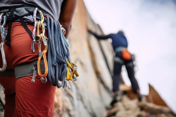Climbers ascend a rocky cliff while using safety gear in a mountainous area