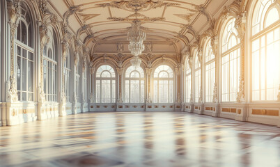 Obraz premium Highly realistic extreme long shot of an empty Art Nouveau ballroom interior. The ornate hall features flowing architectural lines, tall windows, and decorative details typical of the Art Nouveau era.