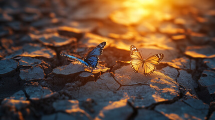 Blue and orange butterflies resting on cracked dry soil under warm glowing sunset