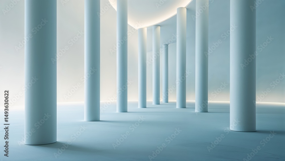 Poster minimalist architectural space with white columns and soft lighting in a tranquil setting