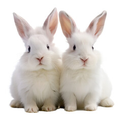 Fototapeta premium Two fluffy white rabbits sit side-by-side 