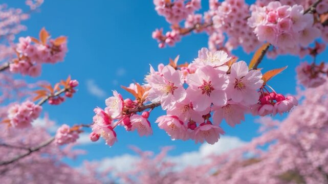 Beautiful and cute pink Kawazu Zakura (cherry blossom) pictured against blue sky. Kawazu, Shizuoka, Japan. Wallpaper background with copy space.
