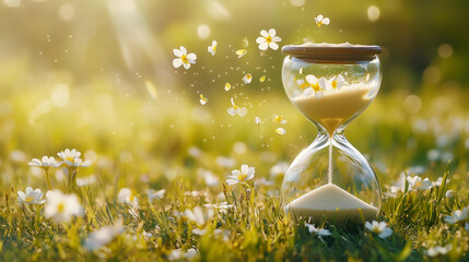 Glass hourglass in grassy meadow surrounded by daisies and drifting white petals in sunlight