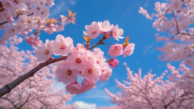 Beautiful and cute pink Kawazu Zakura (cherry blossom) set against blue sky. Kawazu, Shizuoka, Japan. Wallpaper background with copy space.