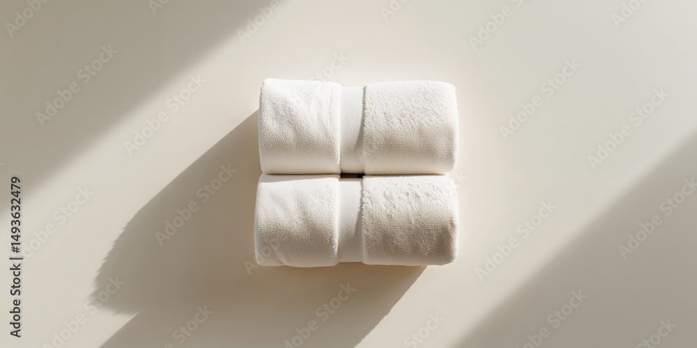 Poster soft white towels arranged neatly on a warm surface in a minimalist setting