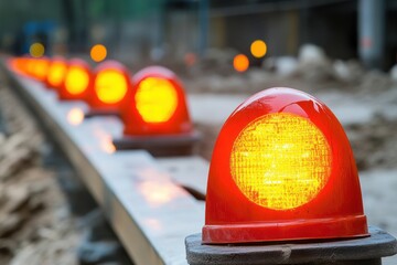 Construction site with illuminated warning lights indicating safety measures during evening hours