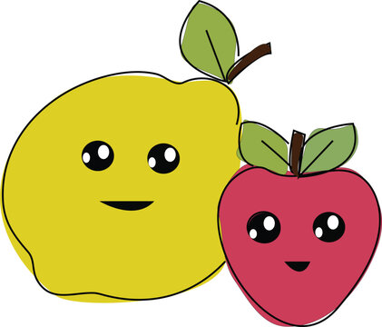 kawaii happy lemon and strawberry single line  vector illustration design