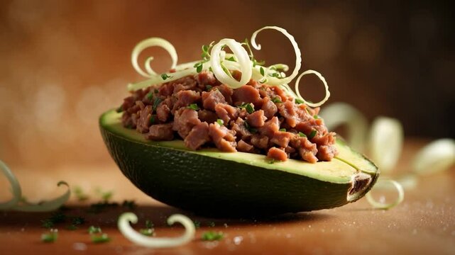 Avocado with minced meat stuffing and garnish