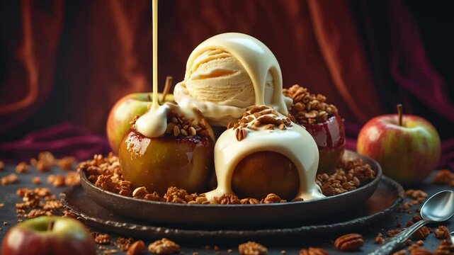 Harvest dessert, baked apples featuring granola and nuts. Flavorful baked apples alongside.