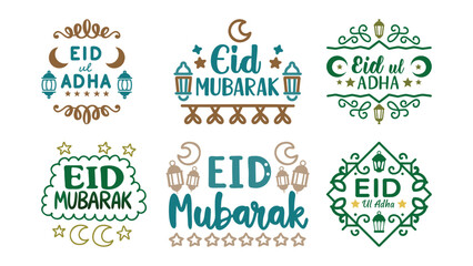 Colorful Eid Mubarak and Adha Typography with Ornaments