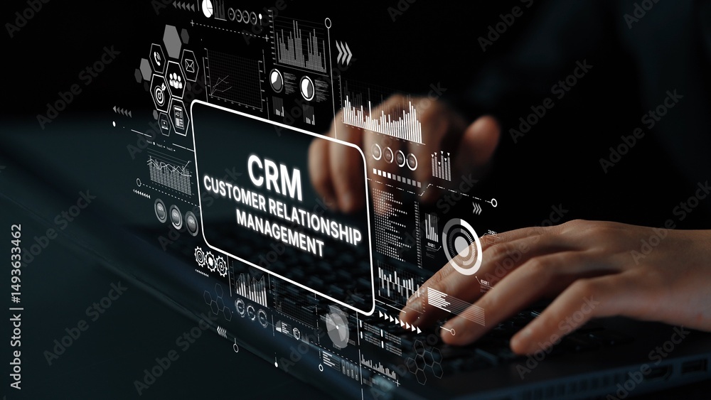 Poster Hands Typing on Laptop with CRM Customer Relationship Management Graphics and Data Analytics Displayed on Screen. Asymptotic smart data analytic.