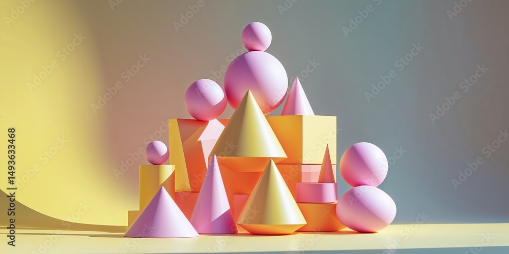 Poster colorful geometric shapes arranged creatively on a pastel background in a playful display of forms a