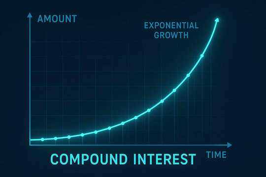 A stunning visualization of compound interest growth over time, showcasing the power of exponential increase in finance, illustrating how investments can multiply effectively.