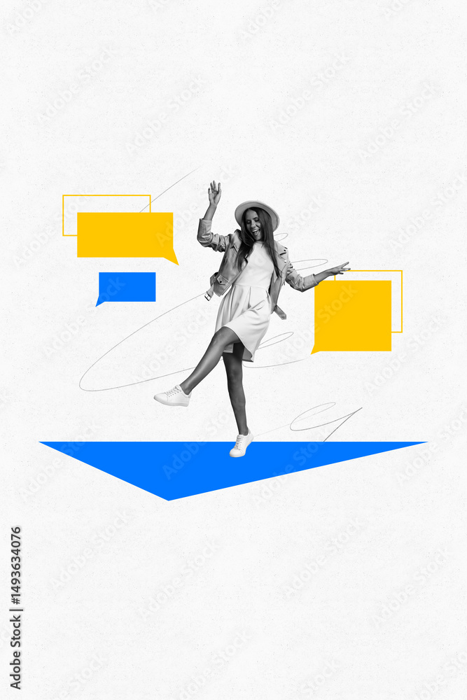 Aufkleber trendy sketch pop artwork collage of happy girl guy stand bubble communication speech chat dialogue 