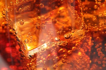 Refreshing cola with ice cubes as background, macro view
