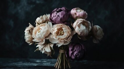 Withered flower display against a dark backdrop. Faded and dying blooms in the shadows.