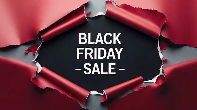 Black friday sale concept featuring the Fourth Thursday of November, the beginning of Christmas shopping season since 1952, with text on black background behind torn red paper. Copy space, close up,