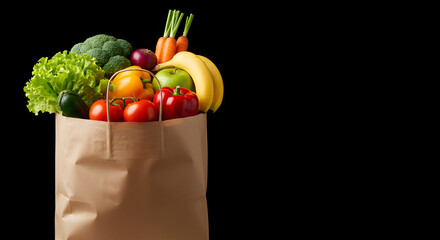 Brown Paper Bag Full of Fresh Groceries on Black Background