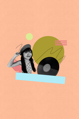 Art poster collage of person hold vinyl plate on orange color background