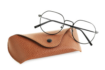 Case with stylish glasses isolated on white