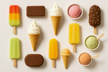 Top-down flat lay of colorful assorted frozen desserts including popsicles, soft serve cones, ice cream bars, scoops in bowls, and ice cream sandwiches on a neutral background—perfect for food concept