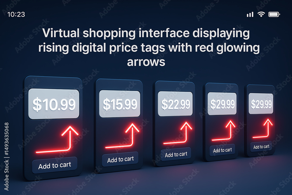 Poster virtual shopping interface showcasing dynamic price tags with upward arrows and glowing red indicato