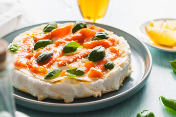 Omelette Poulard. Omelette of Mother Poulard. French omelette with whipped egg whites, lightly salted trout and basil. Beautiful, healthy and tasty breakfast.
