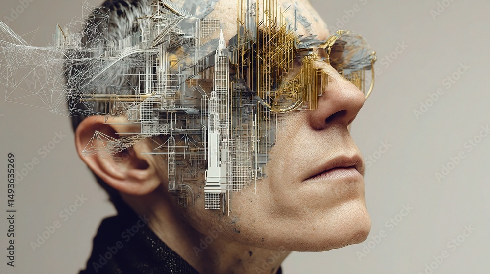 Poster 3d printed architectures with layered structures on face concept