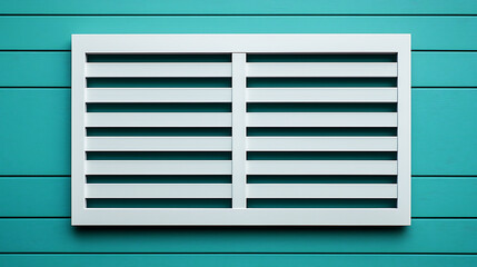 Minimalist white shutter on textured aqua wall, simple architectural detail provides ventilation and adds modern design aesthetic to any space.