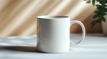 White mug standing on table with soft sunlight creating shadows