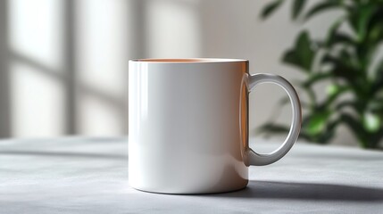 Fototapeta premium White mug standing on table with plant in background