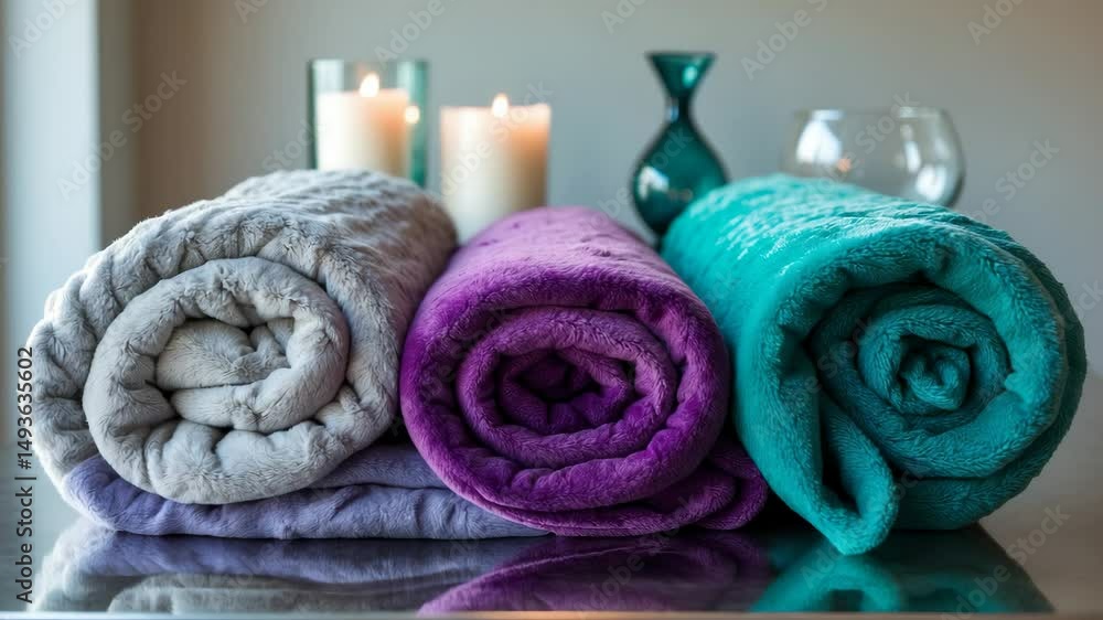 Poster charming multi-colored plush blankets sit on the table with a vase and candles. selective focus.