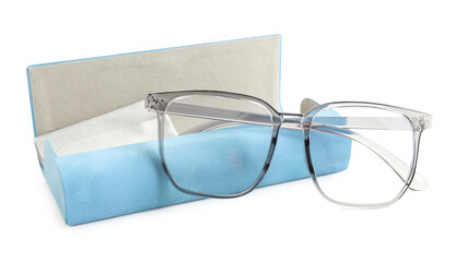 Stylish glasses and case isolated on white