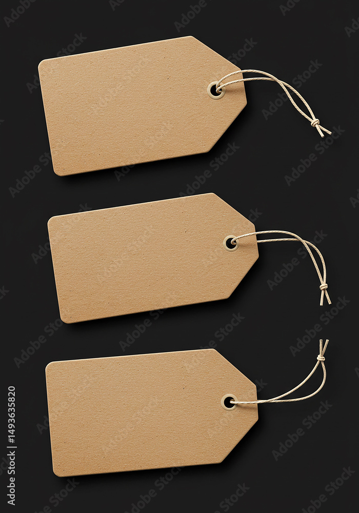 Poster blank craft paper tags with string on dark background