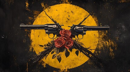 Two crossed revolvers with roses on a distressed background.