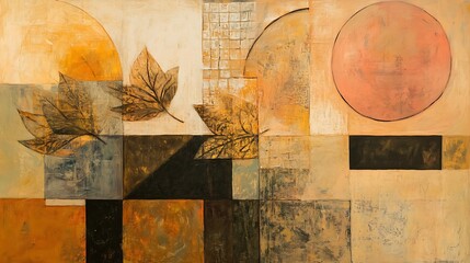 Abstract composition of geometric shapes and autumn leaves.