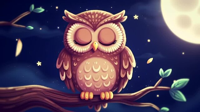 Sleepy Cartoon Owl Perched on Branch Under Full Moon with Starry Sky at Night