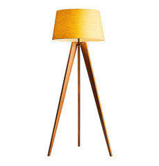 Wooden floor lamp with a white fabric shade, isolated on a transparent background, PNG format.
