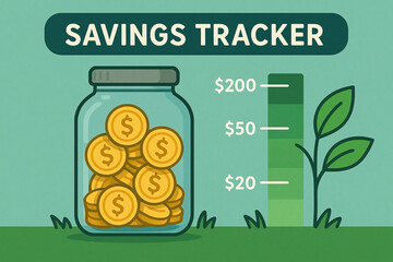 A colorful savings tracker design featuring a glass jar filled with coins and a green progress bar indicating savings goals