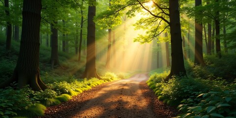 Obraz premium Photography of a forest pathway, sunlight coming through the trees 